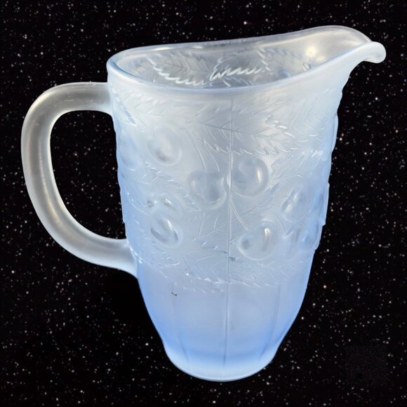 Vintage Light Blue Satin Frosted Glass Raised Cherries Leaves Carafe Pitcher Jug - Picture 11 of 12
